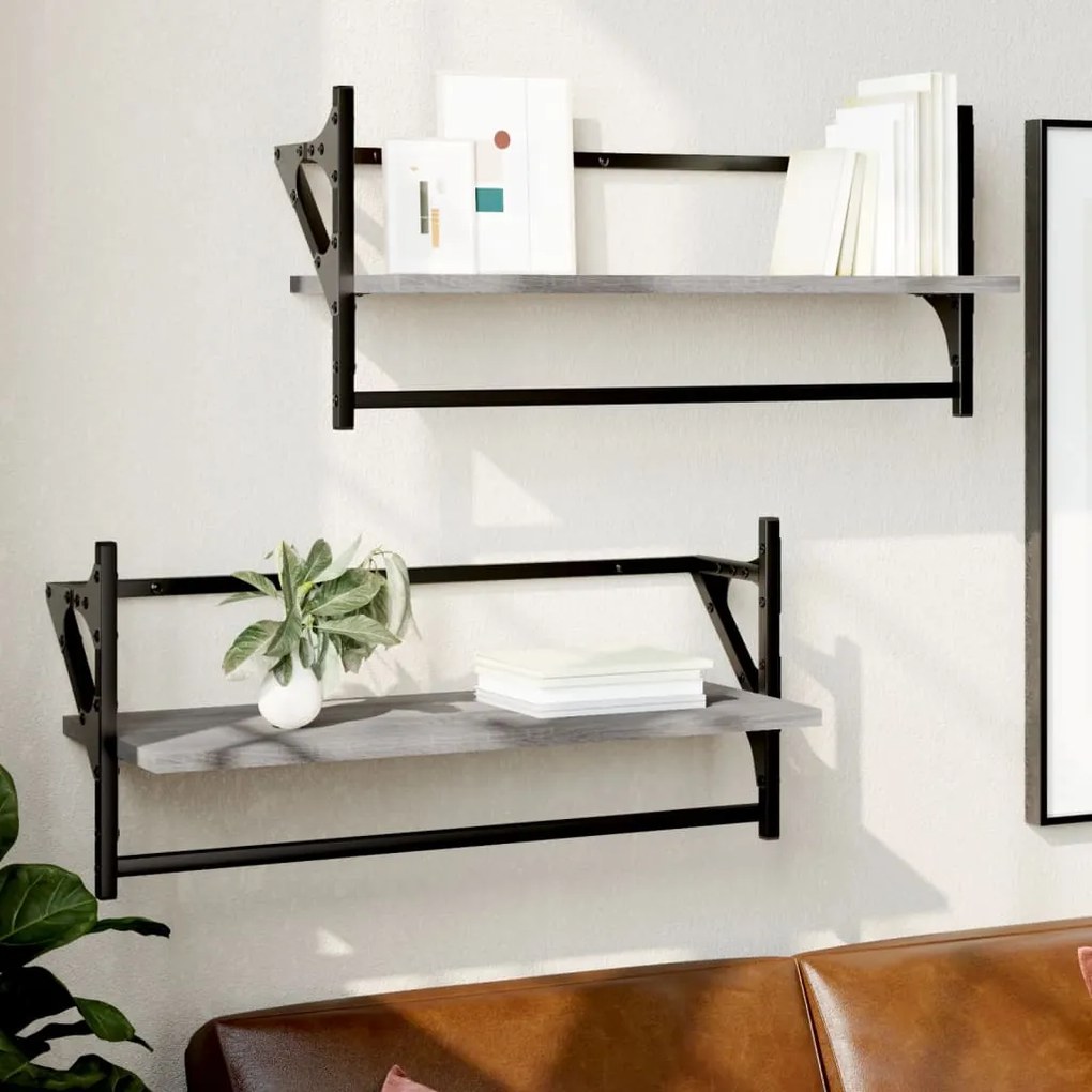 vidaXL Prateleiras de parede c/ barras 2 pcs 65x25x30 cm cinza sonoma