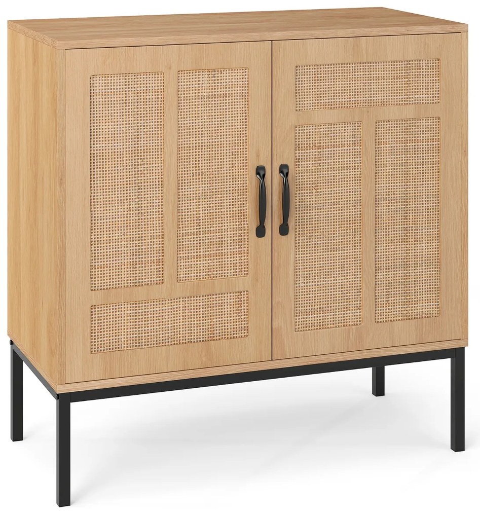 Aparador 80 x 38 x 81 cm com 2 portas em rattan natural, prateleira ajustável em 3 posições, pés metálicos natural