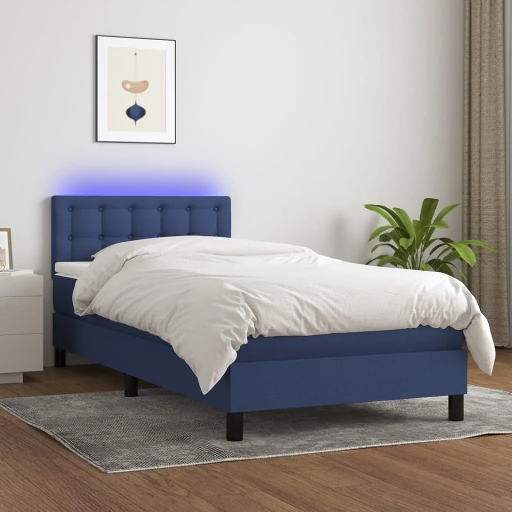 Cama box spring c/ colchão e LED 90x190 cm tecido azul