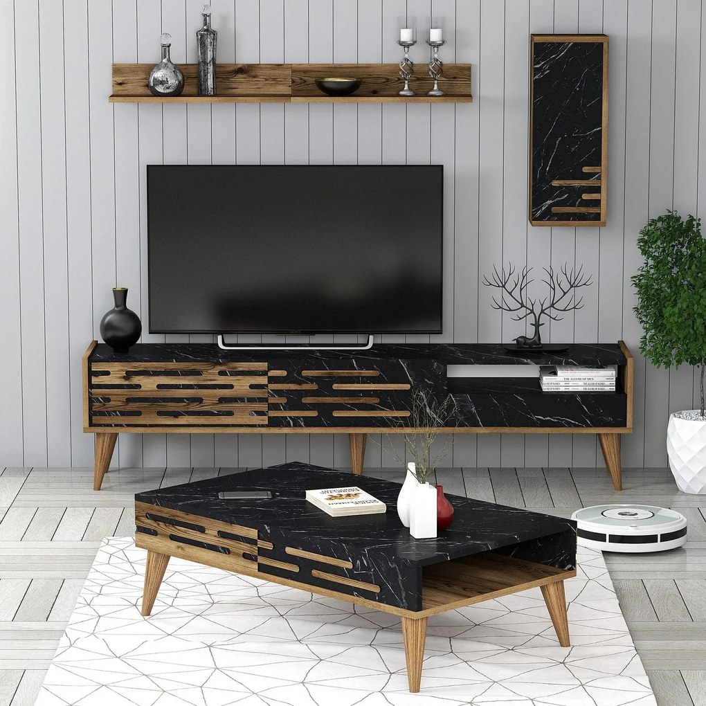 Conjunto de Mobiliário de Sala de Estar Valensiya – Nogueira/Preto/Már