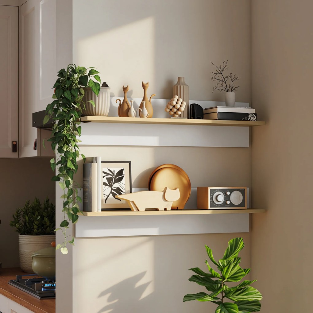 Conjunto de 2 prateleiras de parede de 80 cm, prateleiras suspensas para a sala de estar, hall de entrada, quarto e cozinha, em branco e madeira natur