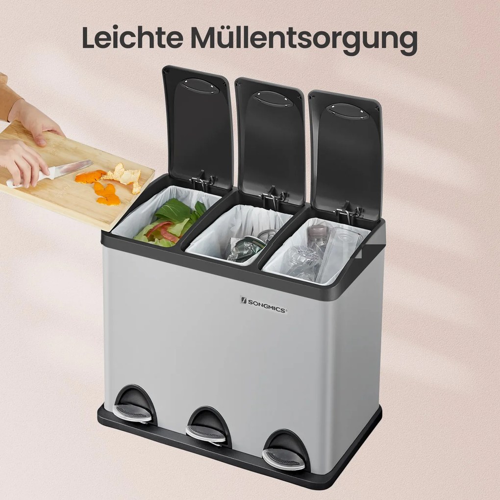 Caixote do lixo para cozinha 3 compartimentos x 8 L, 47 x 28,3 x 39,5 cm cinzento + preto