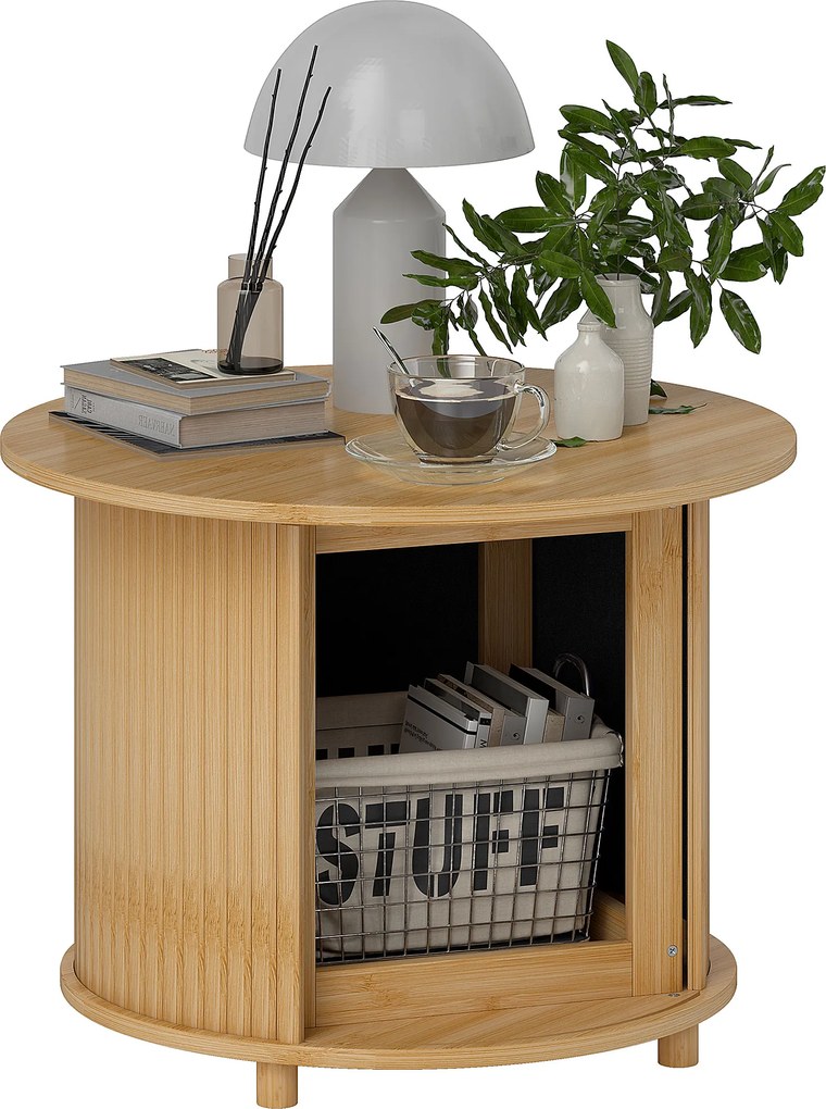 Mesa de centro  Ø 60 x 45 cm (altura) redonda de bambu com espaço de arrumação oculto e porta de correr natural