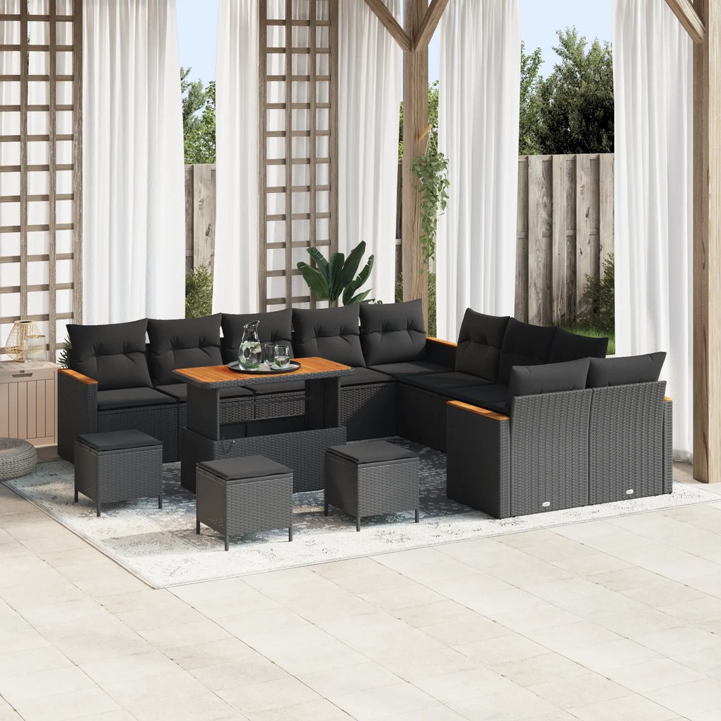 Conjunto de Sofá de Jardim com 14 Peças com Almofadas Preto Rattan Pol