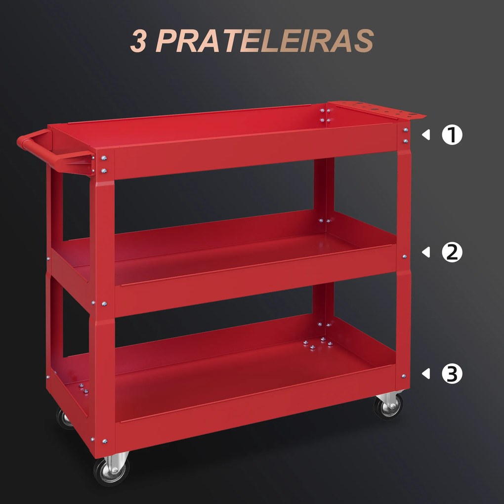 Carrinho de Ferramentas com Rodas 3 Prateleiras de Armazenamento e Alça Lateral 83x35,3x76 cm Vermelho