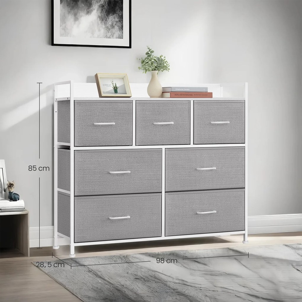 Cómoda, armário, 7 gavetas em tecido com puxadores 28,5 x 98 x 85 cm cinza-branco