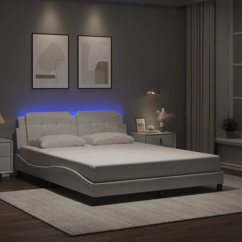 Estrutura de cama c/ luzes LED 160x200 cm couro artif. branco