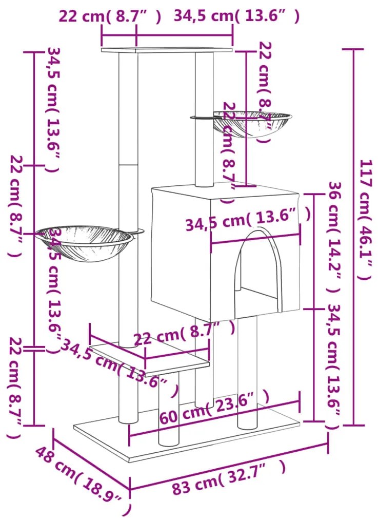 Árvore p/ gatos c/ postes arranhadores sisal 117 cm cinza-claro