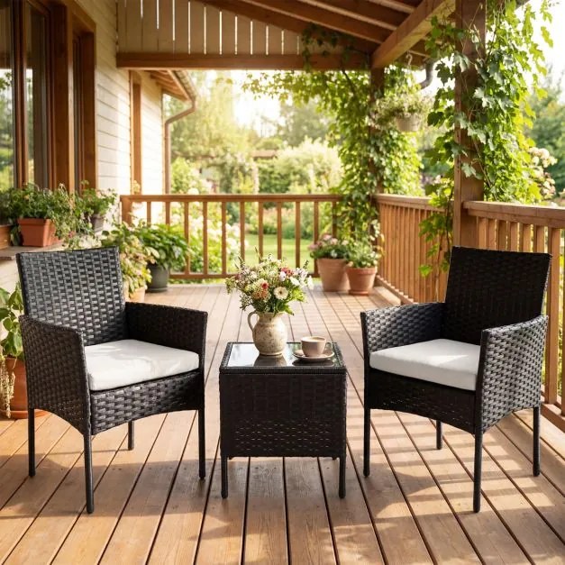 Conjunto de móveis de jardim de 3 peças em rattan com 2 cadeiras e Mesa auxiliar de vidro para terraço, pátio ou varanda Bege+Preto