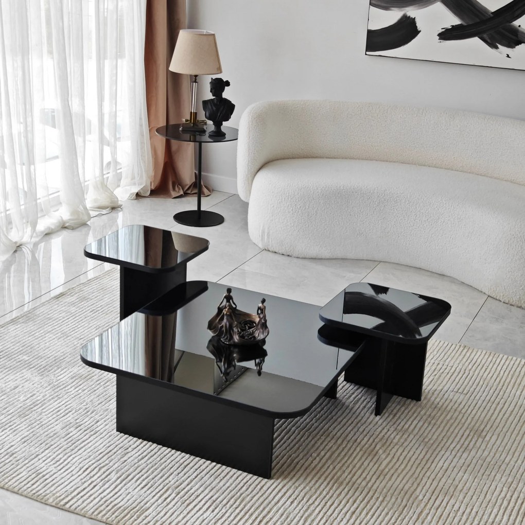 Conjunto de Mesas de Centro Jazz – Preto e Fumê – 80x30x80 cm, 40x35x4