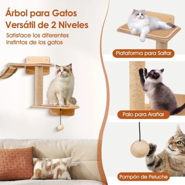 Conjunto de móveis de parede para gatos com 6 peças, rede, ponte em forma de árvore com 2 níveis e postes para arranhar natural