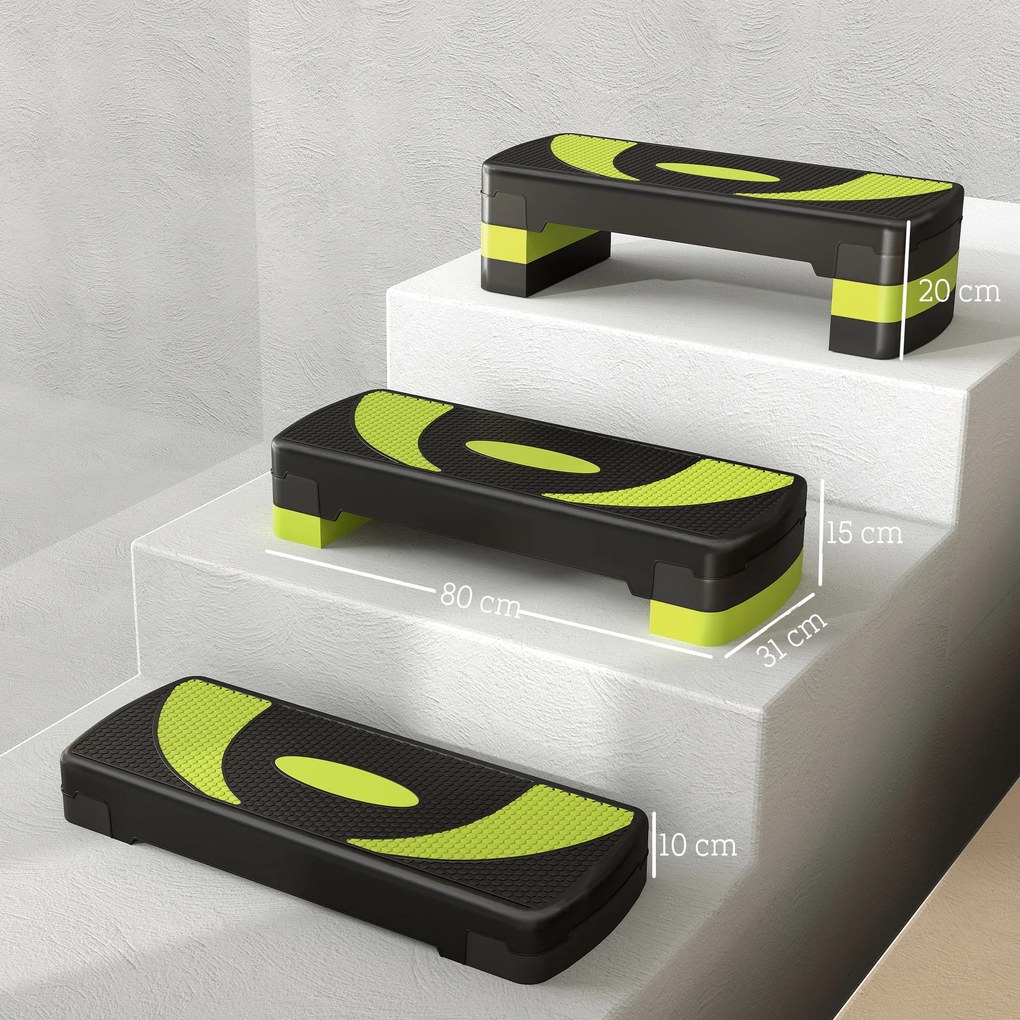 Step para Exercício Aeróbico Plataforma Step com Altura Ajustável em 3 Níveis 80x31x10-20 cm Verde e Preto
