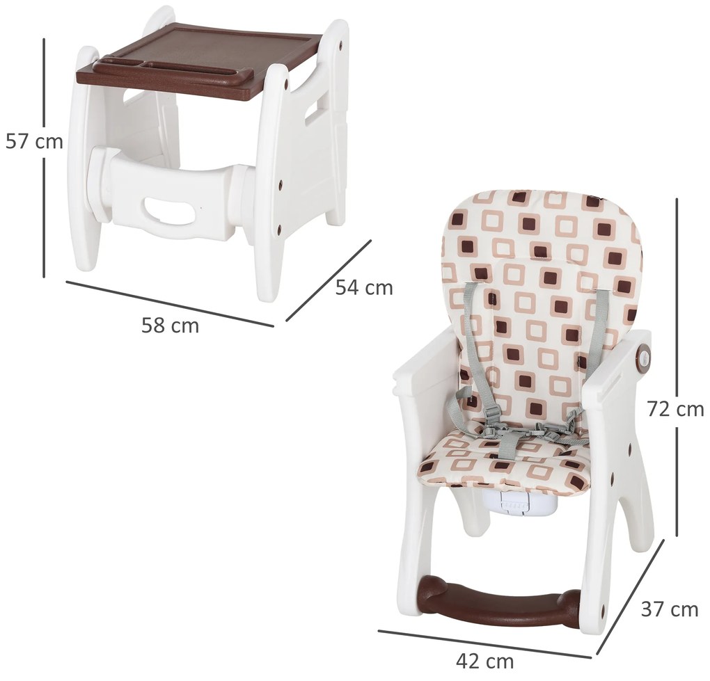 HOMCOM Cadeira para bebês 3 em 1 por mais de 6 meses Transformar em mesa e cadeira multifuncional Ajustável em 3 posições encosto alto Acolchoado com 2 bandejas removíveis 57x59x105 cm Branco