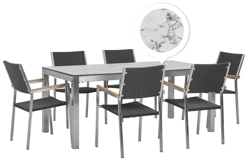 Conjunto de mesa com tampo efeito de mármore 180 x 100 cm e 6 cadeiras em rattan preto GROSSETO Beliani