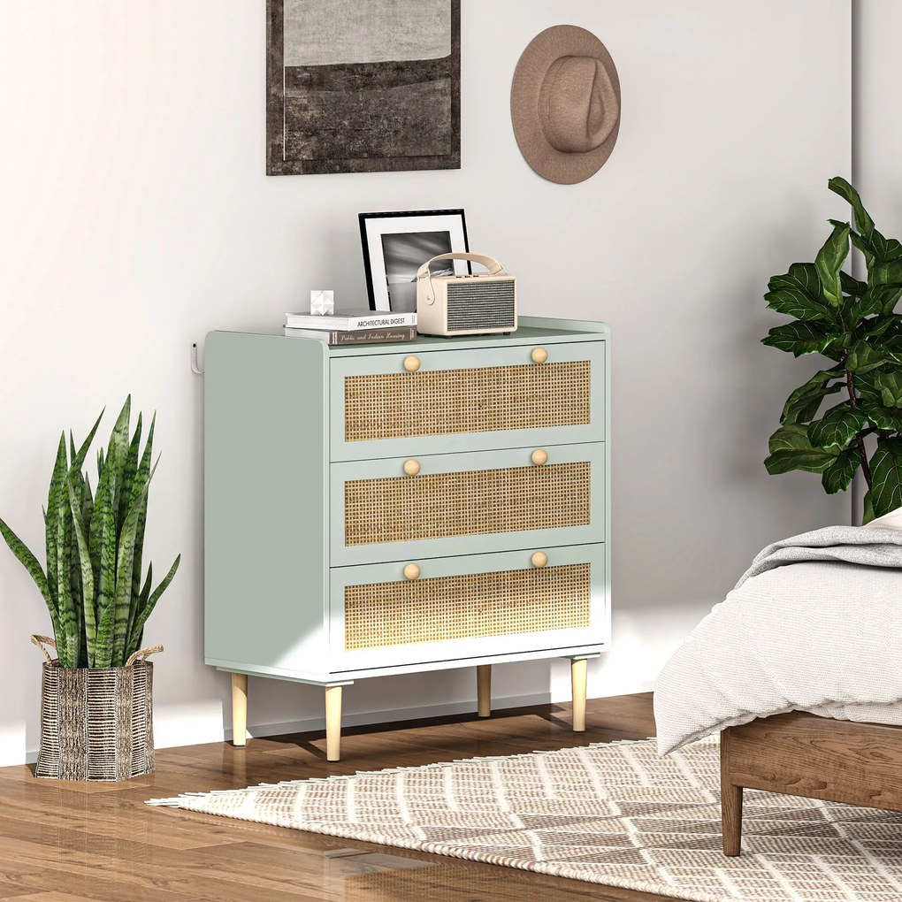 Cómoda de design boémio em vime com 3 gavetas 80C x 40L x 87,5A cm, móvel de arrumação para a sala de estar, o corredor ou a entrada, verde-oliva
