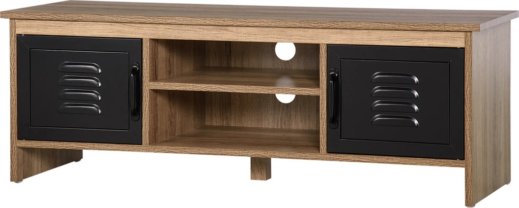Móvel para TV com banco,109 x 35  x 38 cm, design industrial, com 2 armários, 2 compartimentos abertos, 2 passas-cabos, acabamento em madeira com veio