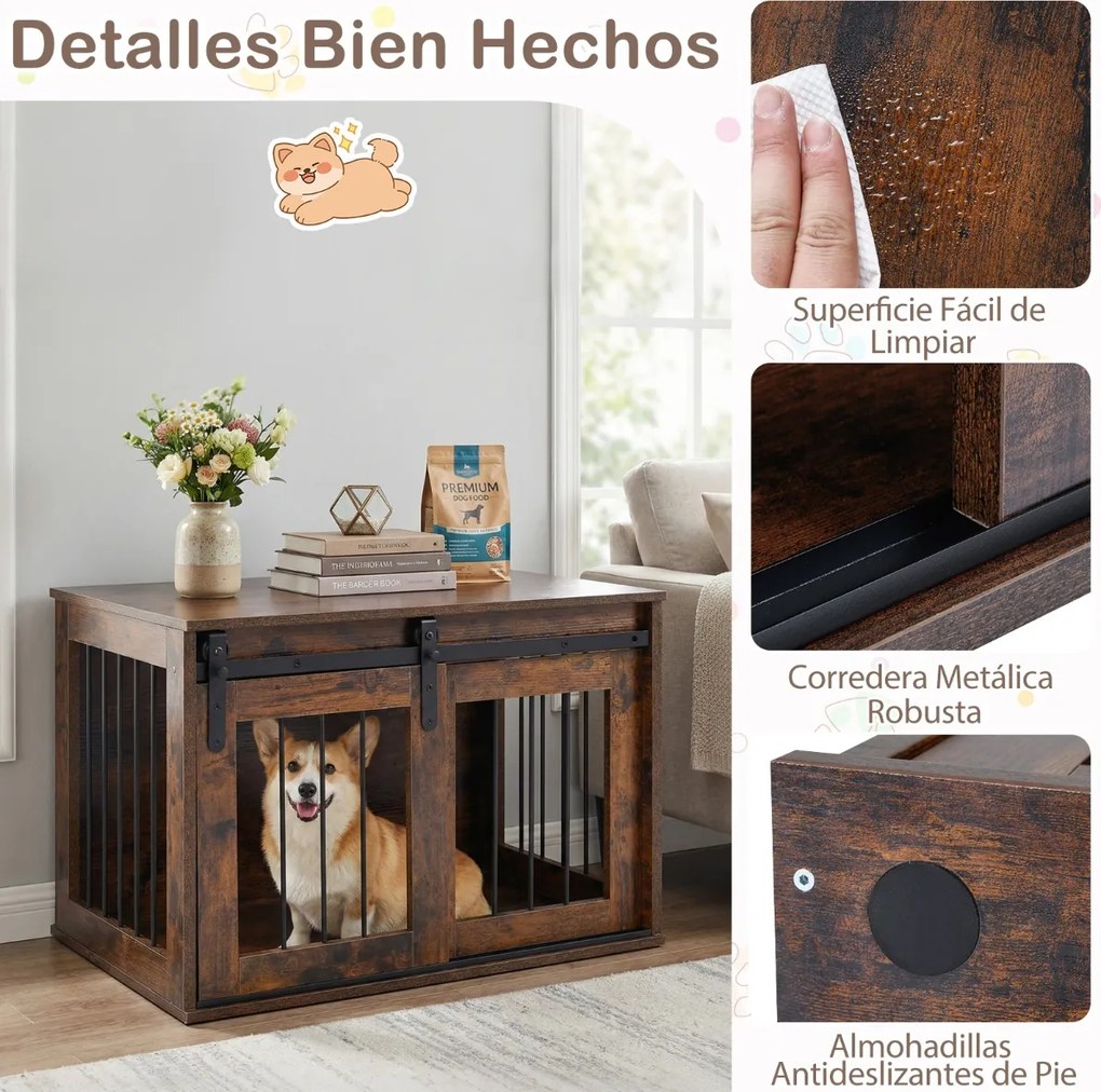 Gaiola para cães com porta de correr 80 x 54 x 57 cm, estilo celeiro, Estrutura metálica com acabamento em madeira, para cães de pequeno e médio porte