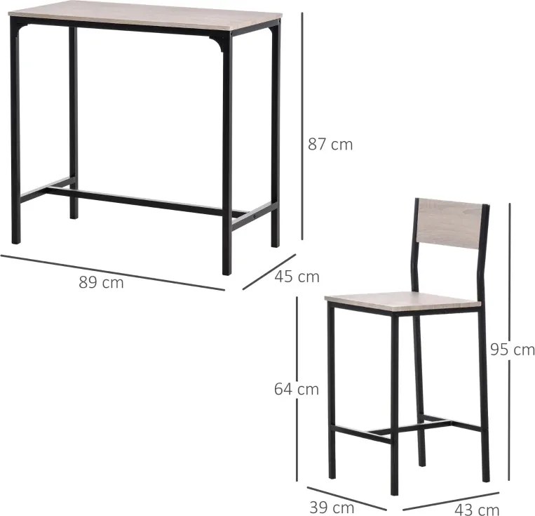 Conjunto de Mesa de Bar com 2 Bancos Conjunto de 3 Peças com 2 Bancos com Encosto e Apoio para Pés Design Industrial Madeira e Preto