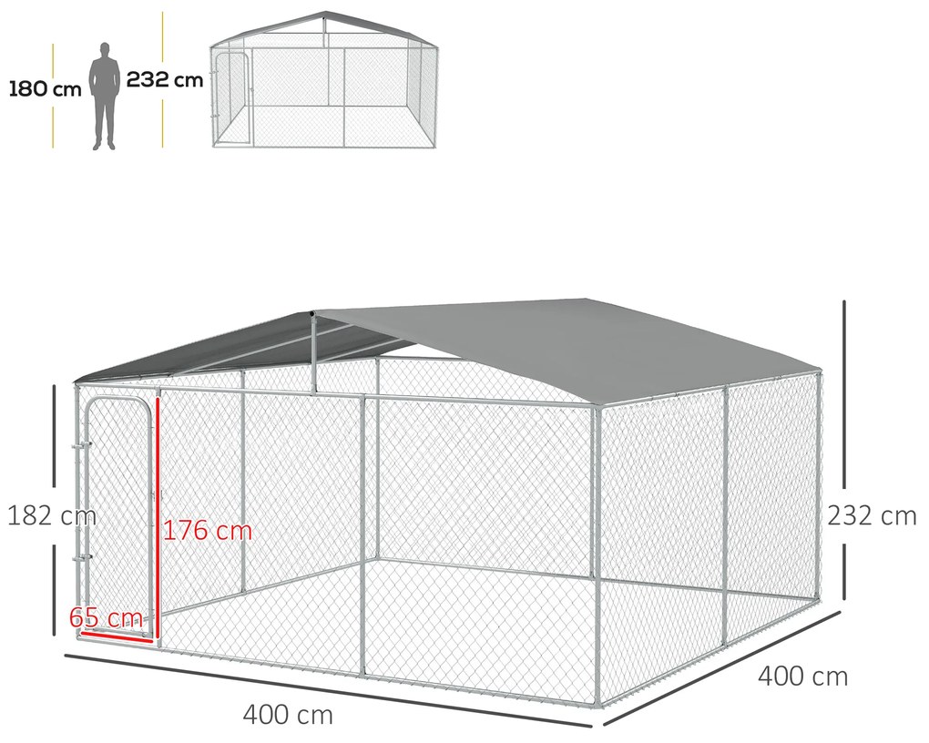 Canil de Exterior 4x4x2,3 cm com Toldo Anti-UV Recinto para Cães com Porta com Trava e Estrutura de Metal  Prata