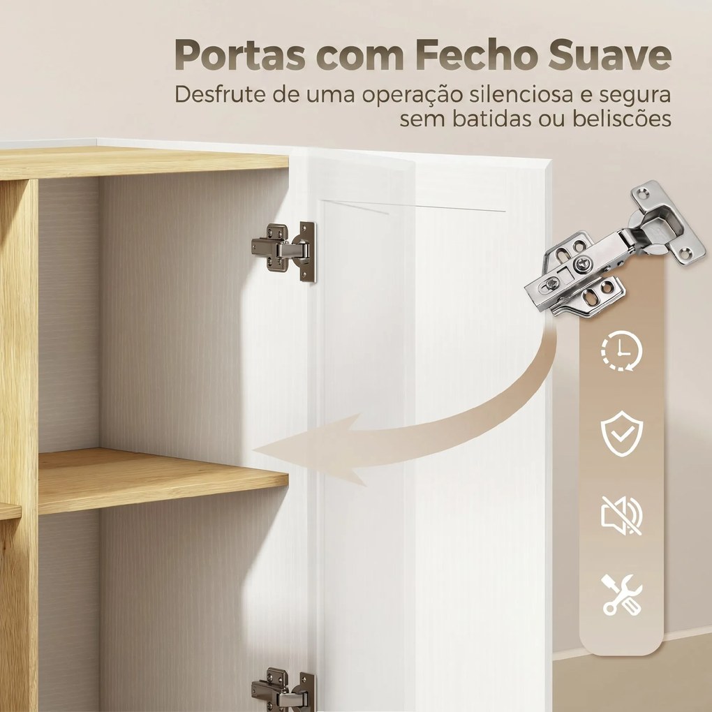 Aparador Moderno com 2 Prateleiras Abertas e 2 Portas de Fecho Suave para Sala de Jantar e Sala de Estar 133x35x79,7 cm Natural e Branco