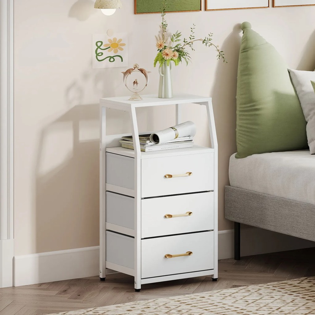 Cómoda de 3 Gavetas, 40,5 x 29 x 77 cm, Estrutura Metálica, Branco