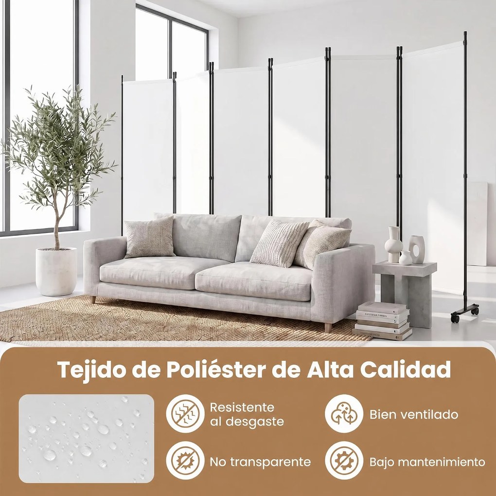 Biombo Separador de Espaço Dobrável de 6 Painéis, 331,5 x 35,5 x 173 cm, Rodas com Travão, Branco