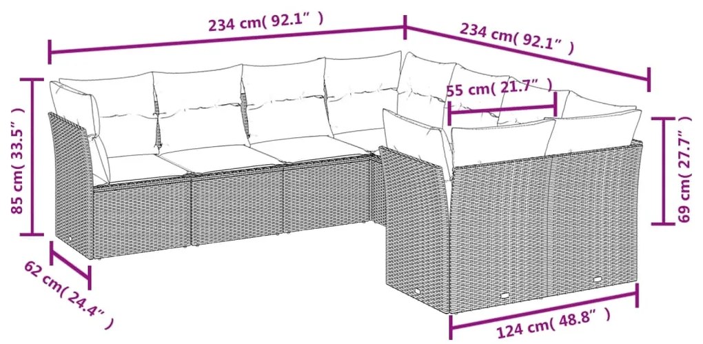 8 pcs conjunto de sofás p/ jardim com almofadões vime PE bege