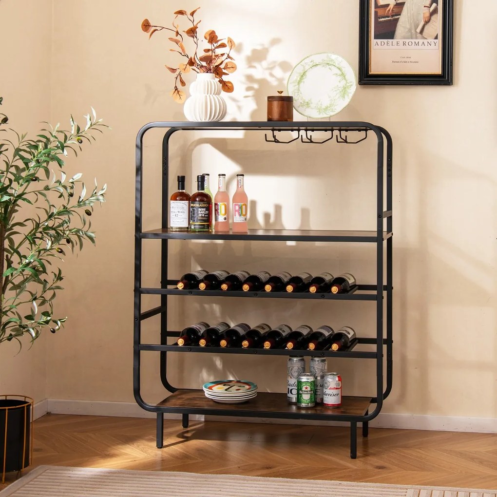 Garrafeira com capacidade para 16 garrafas 90 x 35 x 117 cm, 5 níveis e suportes para copos; Estrutura metálica industrial; prateleira de arrumação em