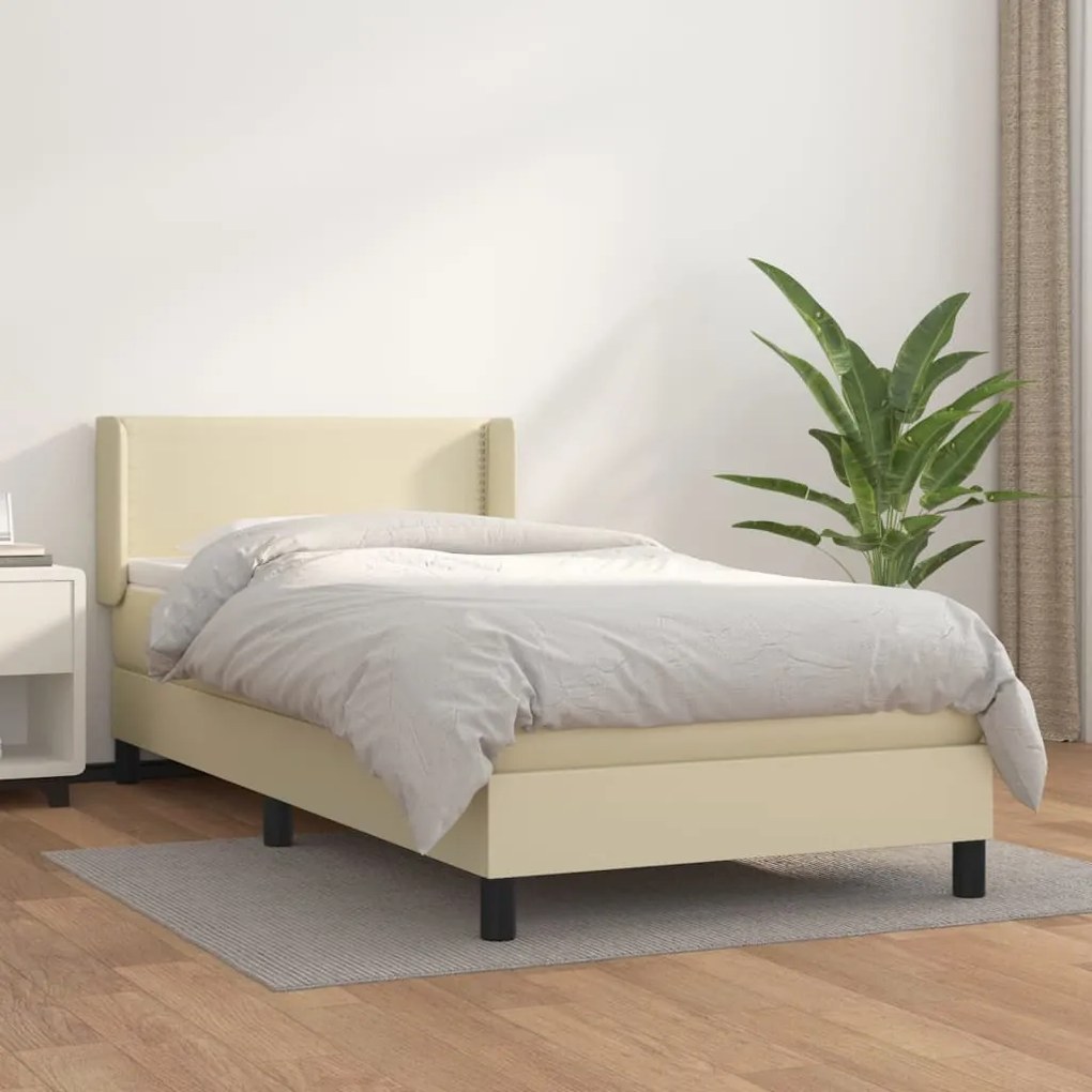 Cama com molas/colchão 100x200 cm couro artificial cor creme