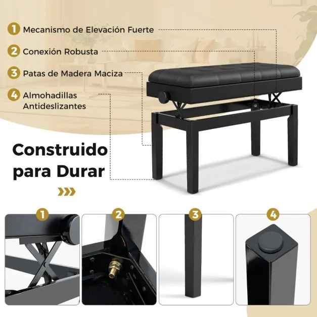Banco para piano ajustável com arrumação Banco duplo de madeira com almofada para teclado almofadada em PU Preto