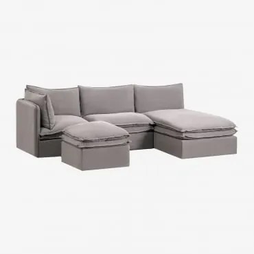 Sofá Modular Chaise Longue De 3 Peças E Puff Em Linho E Algodão Grace Tecido Cinzento Escuro - Sklum