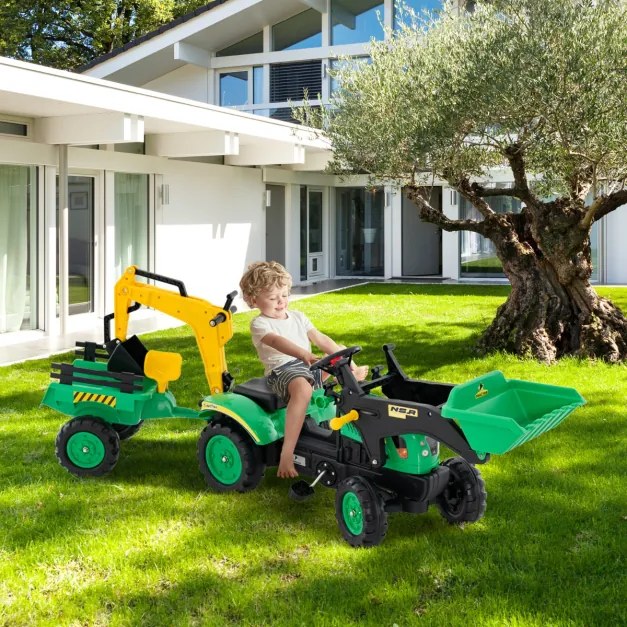 Trator infantil com reboque de carga removível de pedais de 6 rodas para crianças de 3 a 6 anos Verde