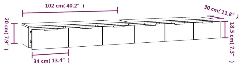 Armários de parede 2 pcs 102x30x20 cm madeira sonoma cinza