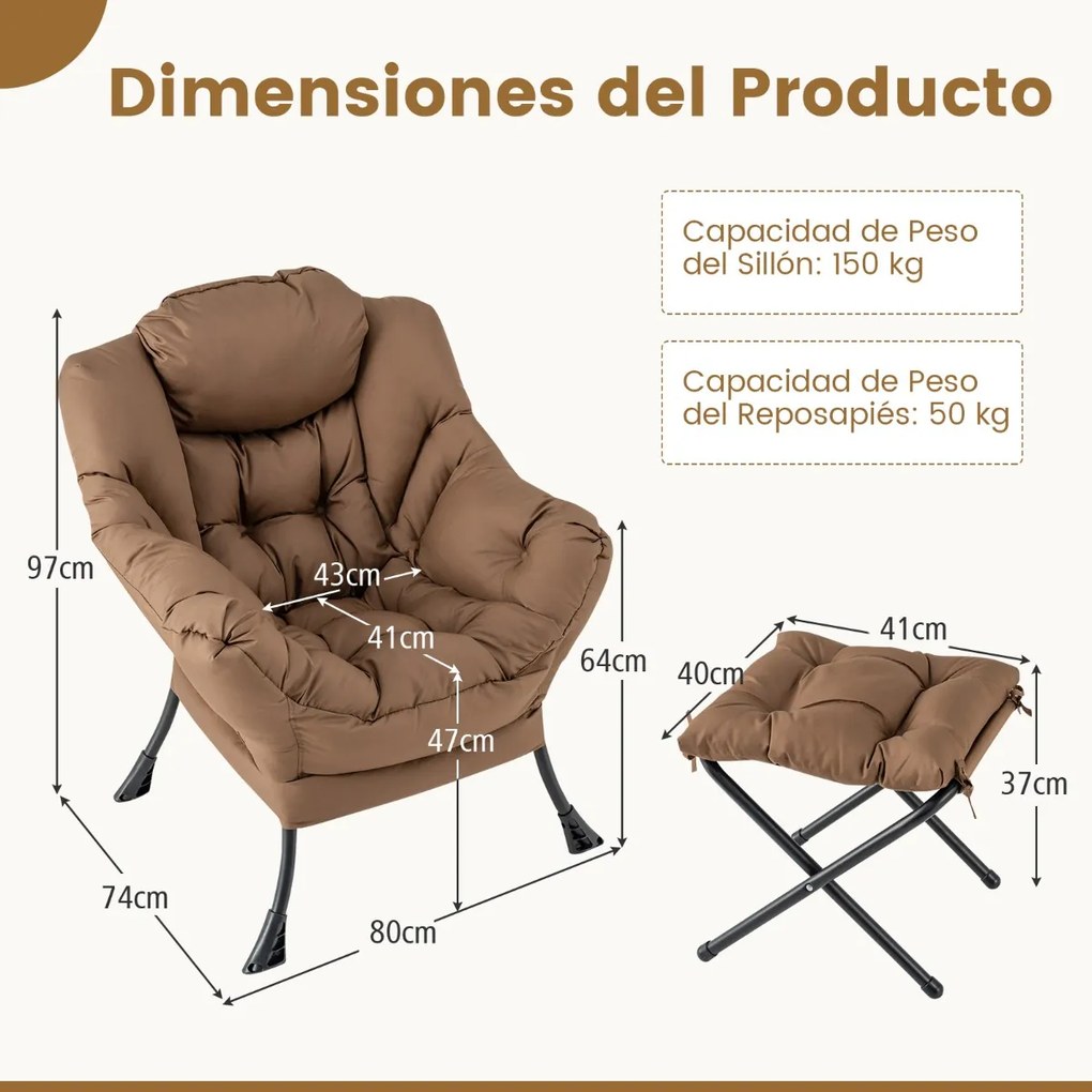 Poltrona reclinável com pufe Poltrona com almofada Apoio de pés Apoio de braços Sofá para sala Quarto 75 x 81 x 94,5 cm Castanho