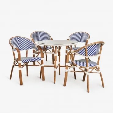Conjunto Brielle Bistro Com Mesa Redonda De 80 Cm E 4 Cadeiras De Jardim Empilháveis De Alumínio Com Braços Azul Ken - Gardénia Branco - Sklum