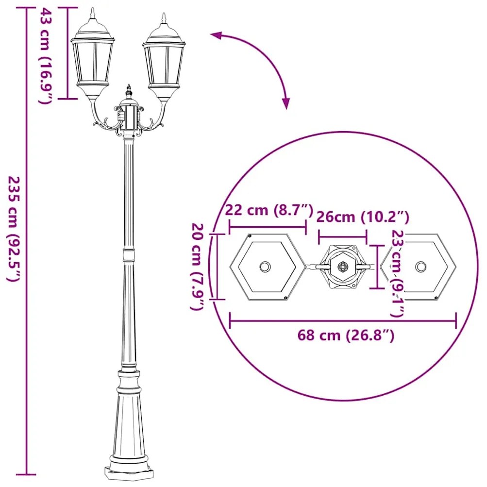Poste de Luz de Jardim 2-Lâmpada E27 Bronze 235 cm Alumínio