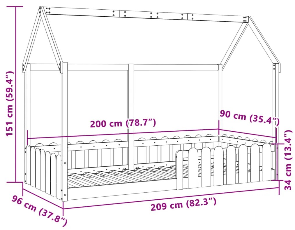 Estrutura de cama infantil formato casa 90x200 cm pinho maciço