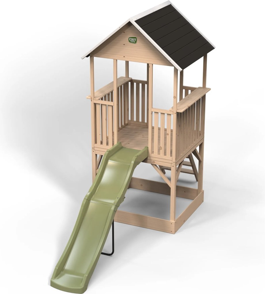 Parque exterior com casa de brincar para crianças Panorama 500 em madeira com escorrega e caixa de areia natural