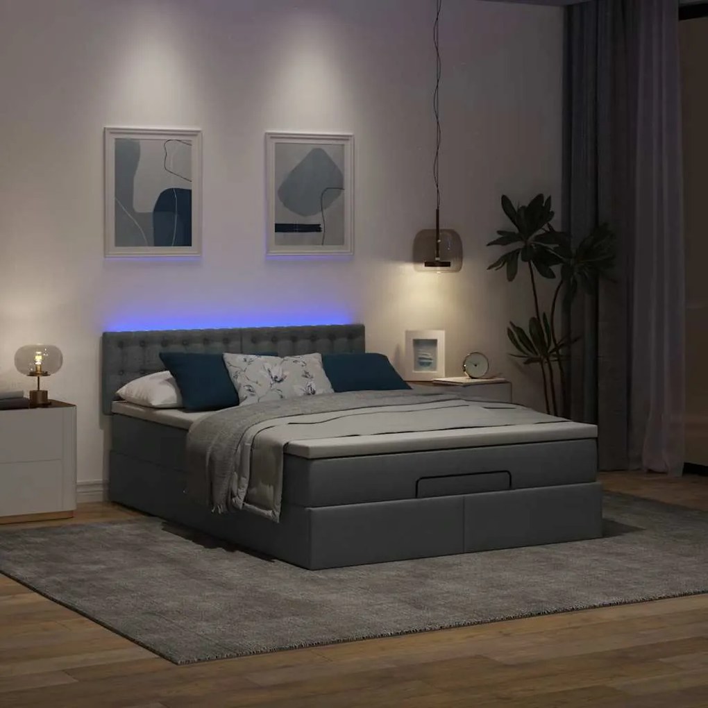 Cama otomana com colchão &amp; LEDs 140x200 cm cinzento escuro