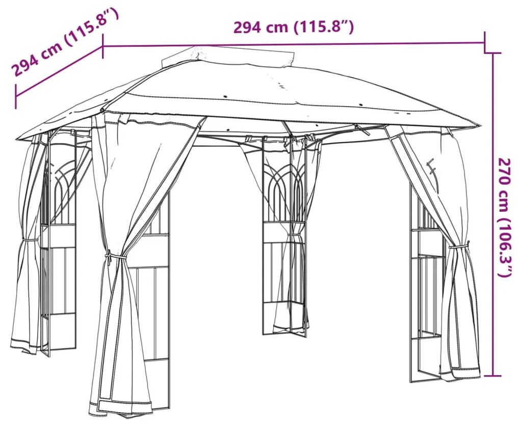 Gazebo c/ teto duplo/paredes de malha aço cinzento-acastanhado