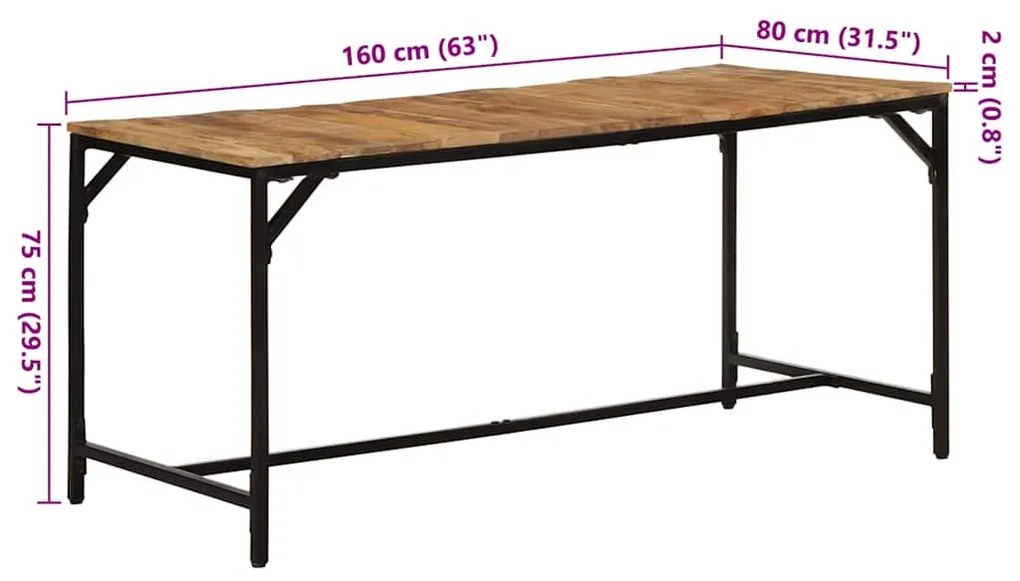 Mesa de jantar 160x80x75 cm madeira de mangueira maciça áspera