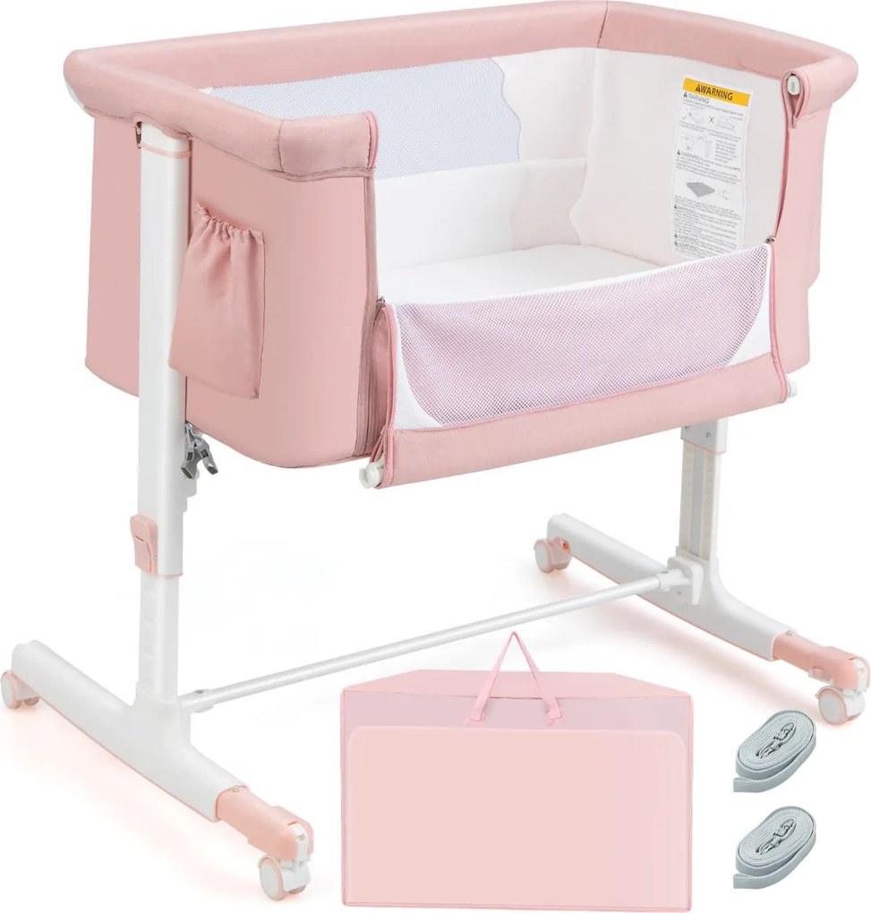 Berço infantil 3 em 1 com colchão 5 alturas ajustável 10° de inclinação 10° de bolsa lateral Berço de transporte portátil para bebés 86 x 63 x 81 cm R