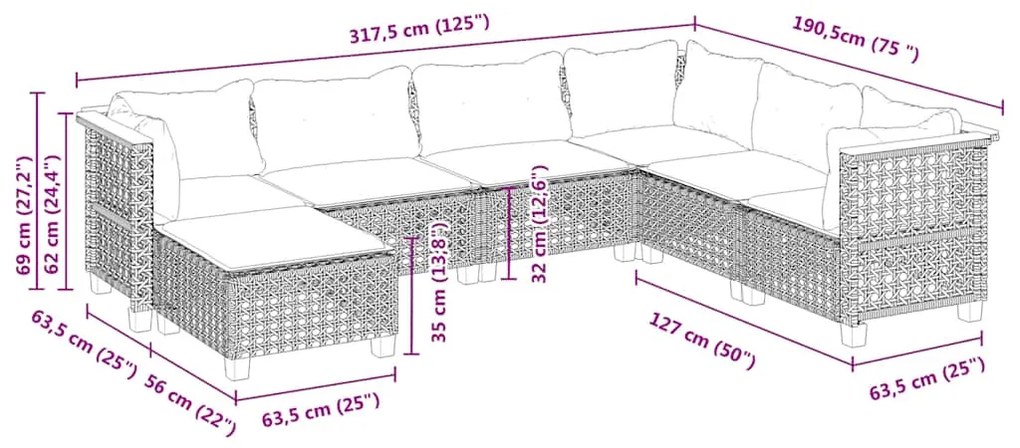 7 pcs conjunto de sofás p/ jardim com almofadões vime PE bege