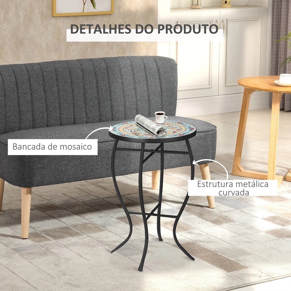 Mesa de Jardim Redonda Mesa Auxiliar de Mosaico com Pés de Metal para