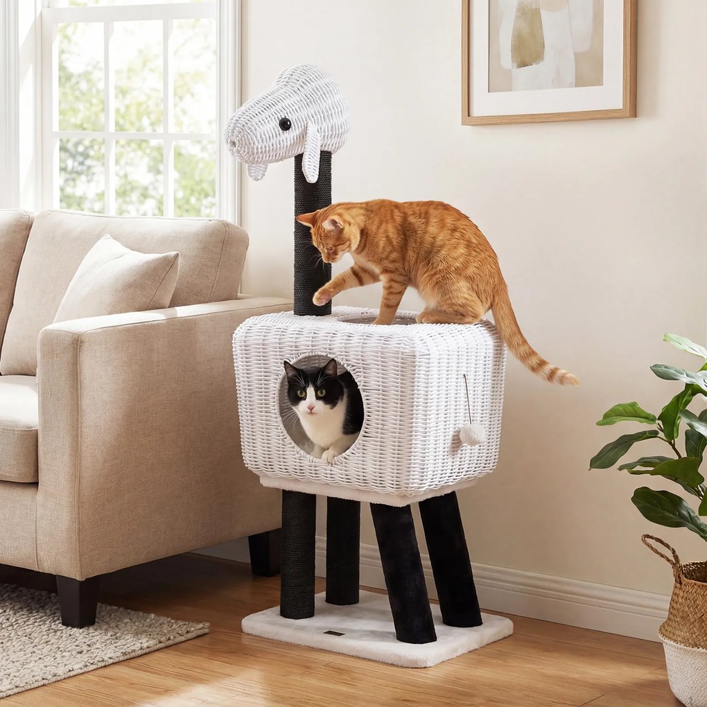 Arranhador para gatos 35,5 x 47 x 110 cm em rattan PE com postes de sisal, almofada felpuda, bola suspensa, 2 entradas, casinha em forma de cordeiro,