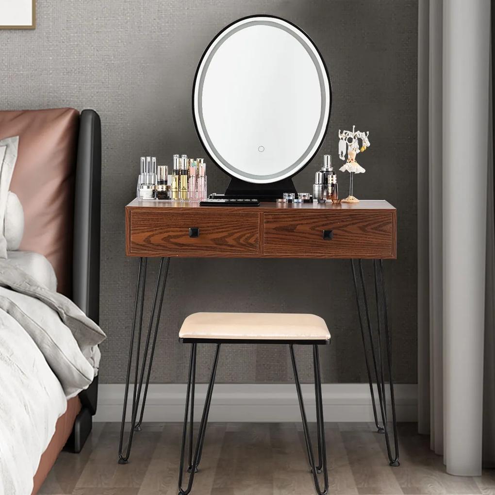 Toucador de cor escura com espelho de ecrã táctil em 3 cores com banco e organizador cosmético para sala de estar e quarto 80 x 40 x 136 cm
