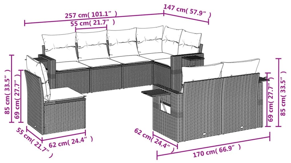 8 pcs conj. sofás jardim c/ almofadões vime PE cinzento-claro