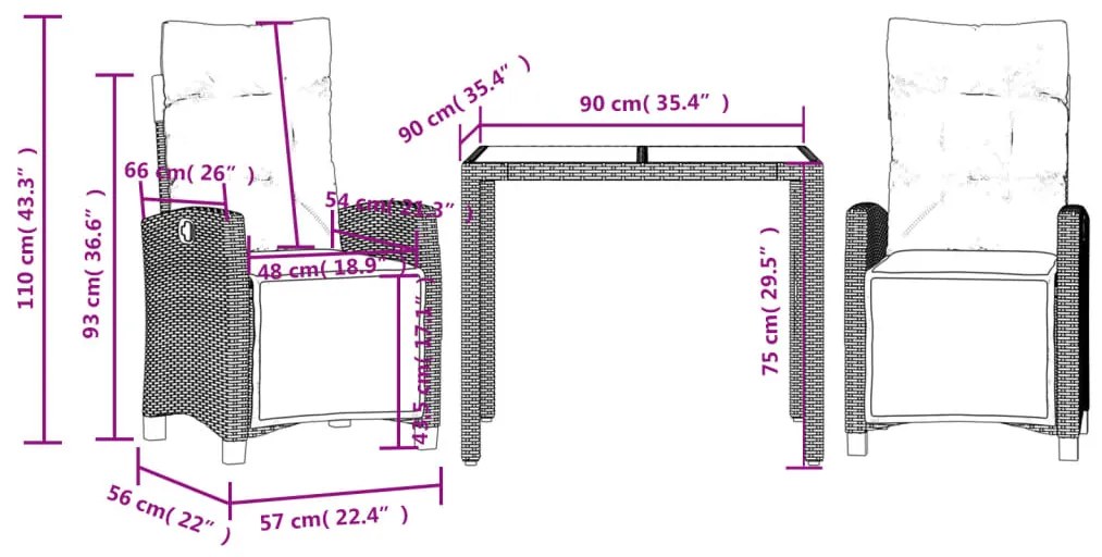 3 pcs conjunto de jantar p/ jardim c/ almofadões vime PE preto
