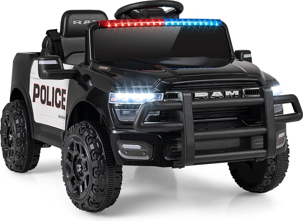 Carro Elétrico Infantil de Polícia, 96,5 x 61 x 48,5 cm, Com Comando à Distância, Preto e branco