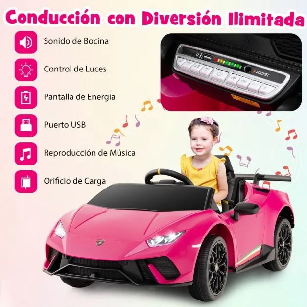 Carro Elétrico Lamborghini Licenciado para Crianças 12V com Controlo Remoto Luzes LED Música Buzina Arranque Suave Rosa